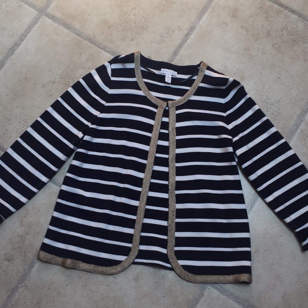 Navy and White cardigan with Gold Trim